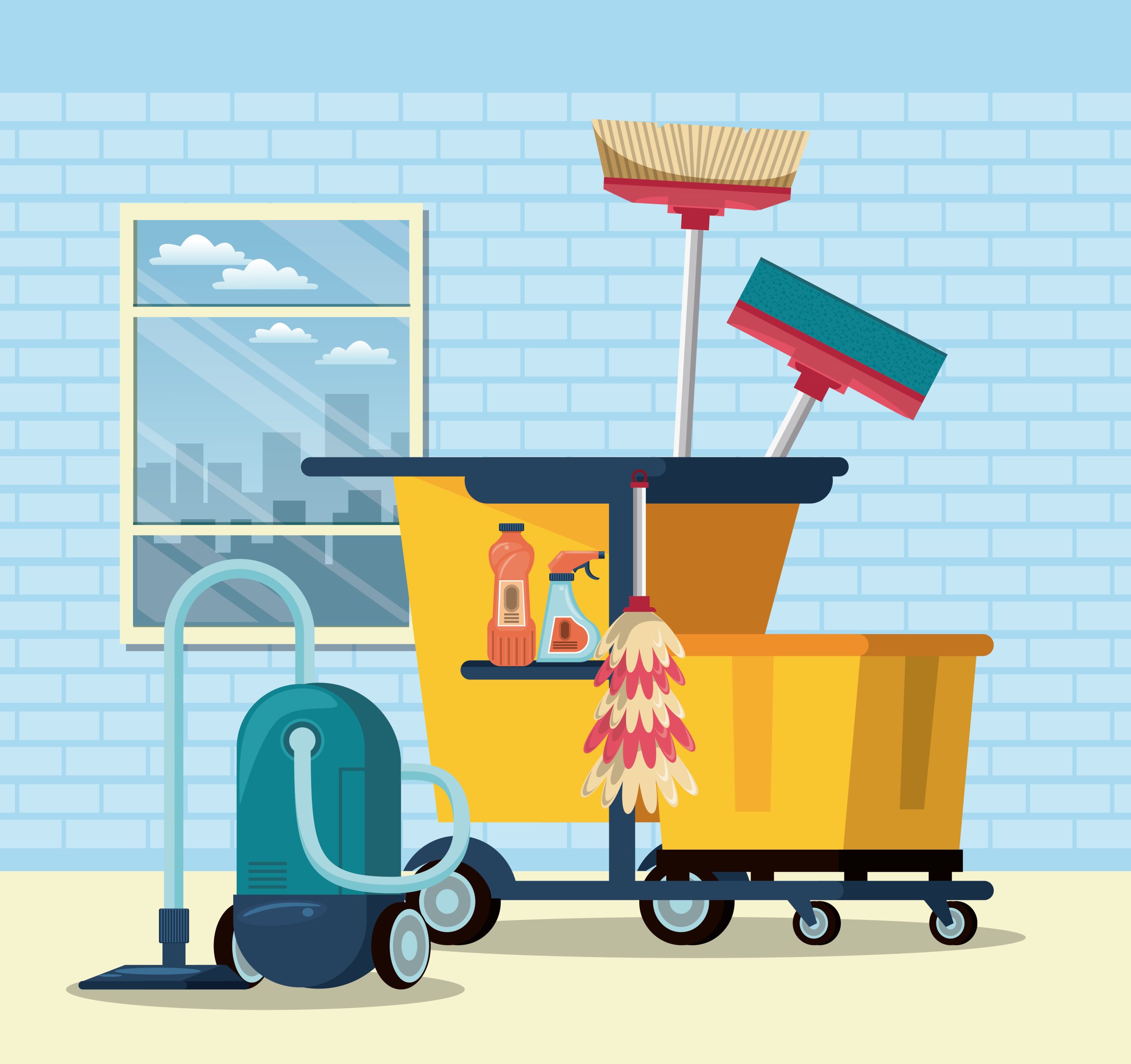 Cleaning service and housekeeping , cart with wiper and broom, vacuum cleaner in home vector illustration