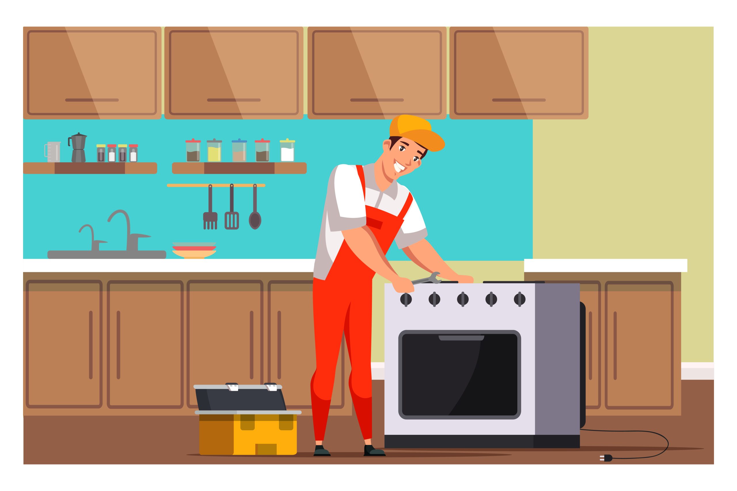 Professional serviceman installing or repairing stove on kitchen. Repairman master working with household techniques, home appliances repair service call.